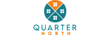 Quarter North logo with a modern design featuring four houses within a circle, in teal and orange colors.
