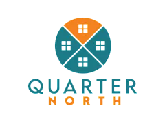 Quarter North logo featuring a circular design with four window-like symbols in teal and orange.