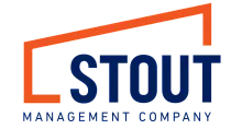 Dynamic logo of Stout Management Company featuring bold typography with an orange architectural element.
