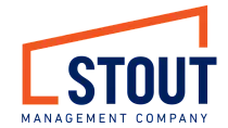 Vibrant Stout Management Company logo with bold navy text and an orange geometric line.