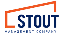 Logo of Stout Management Company featuring bold navy text and an orange geometric design.