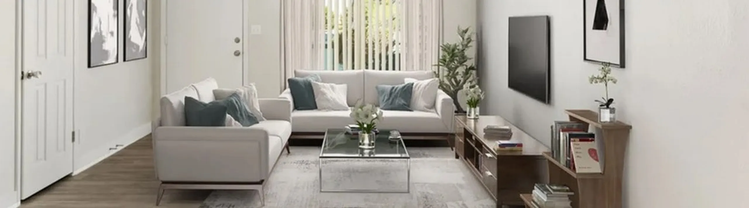 Bright, stylish living room with modern furniture, a soft color palette, and natural light.
