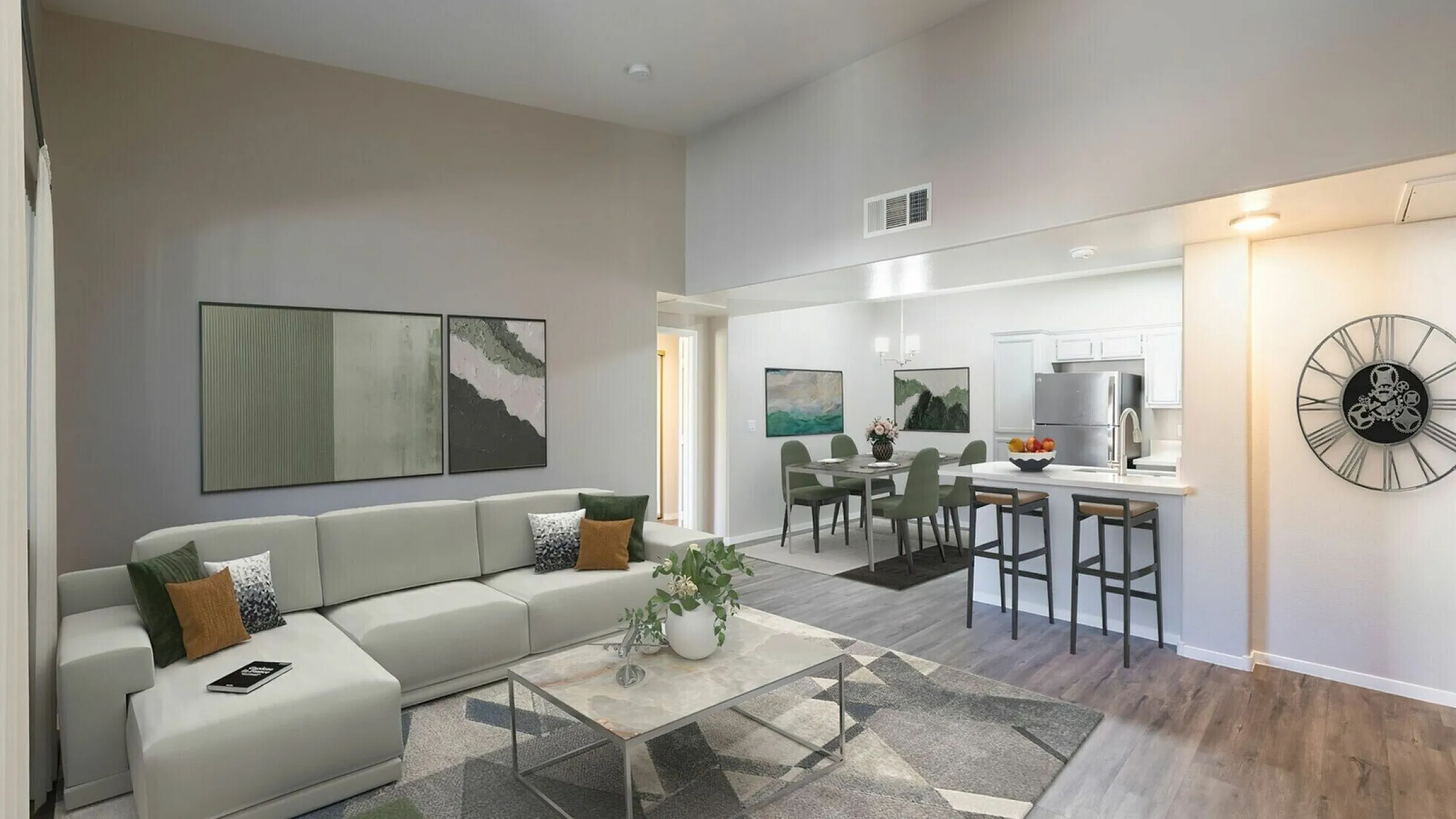 Modern open-concept living space with sleek design, featuring a stylish sectional sofa, elegant dining area, and contemporary kitchen with stainless steel appliances.