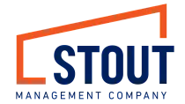 Modern logo of Stout Management Company with a bold orange and blue design illustrating dynamic real estate solutions.