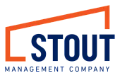Modern logo featuring the name STOUT in bold blue letters with an orange geometric design, representing a vibrant management company.
