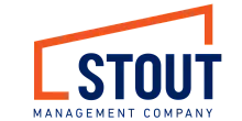 Modern logo of Stout Management Company featuring bold navy text with a dynamic orange frame design.