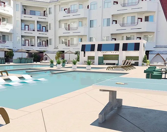 Luxurious apartment complex with modern poolside lounge, inviting lounge chairs, and stylish outdoor seating beside a vibrant ping pong table.