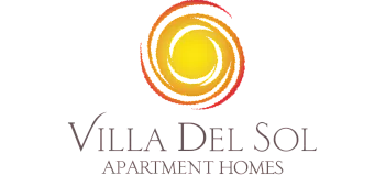 Elegant logo design for Villa Del Sol Apartment Homes featuring a radiant, swirling sun symbol.