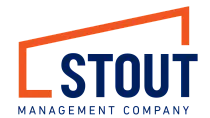 Modern Stout Management Company logo with bold orange and blue lines and text, symbolizing innovation and trust.