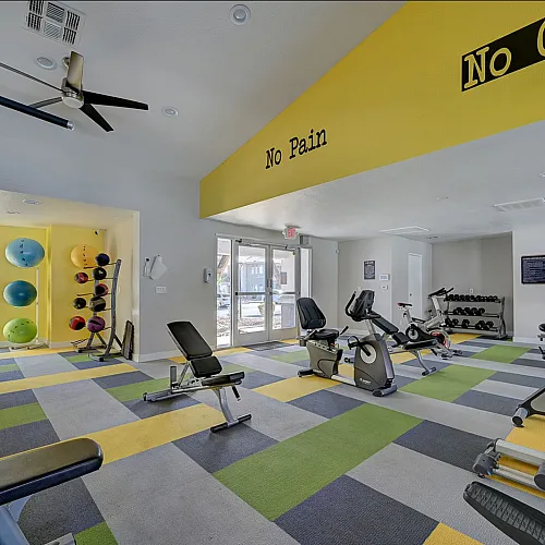 Vibrant fitness center featuring modern exercise equipment, colorful workout mats, and an uplifting 'No Pain No Gain' mural.