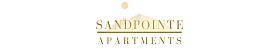 Elegant Sandpointe Apartments logo with desert mountain backdrop and sun, conveying warmth and luxury.