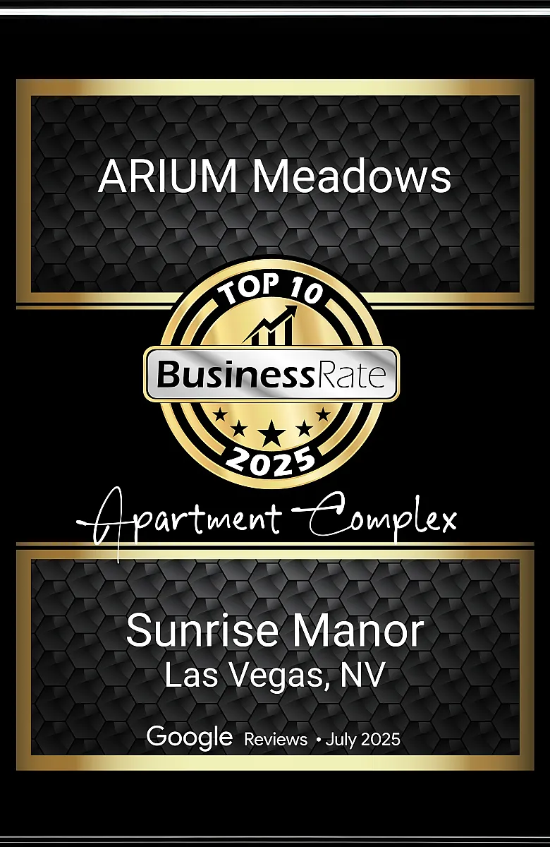 Elegant award plaque for ARIUM Meadows, a top-rated apartment complex in Sunrise Manor, Las Vegas, recognized in 2025 by Business Rate with rave Google reviews.
