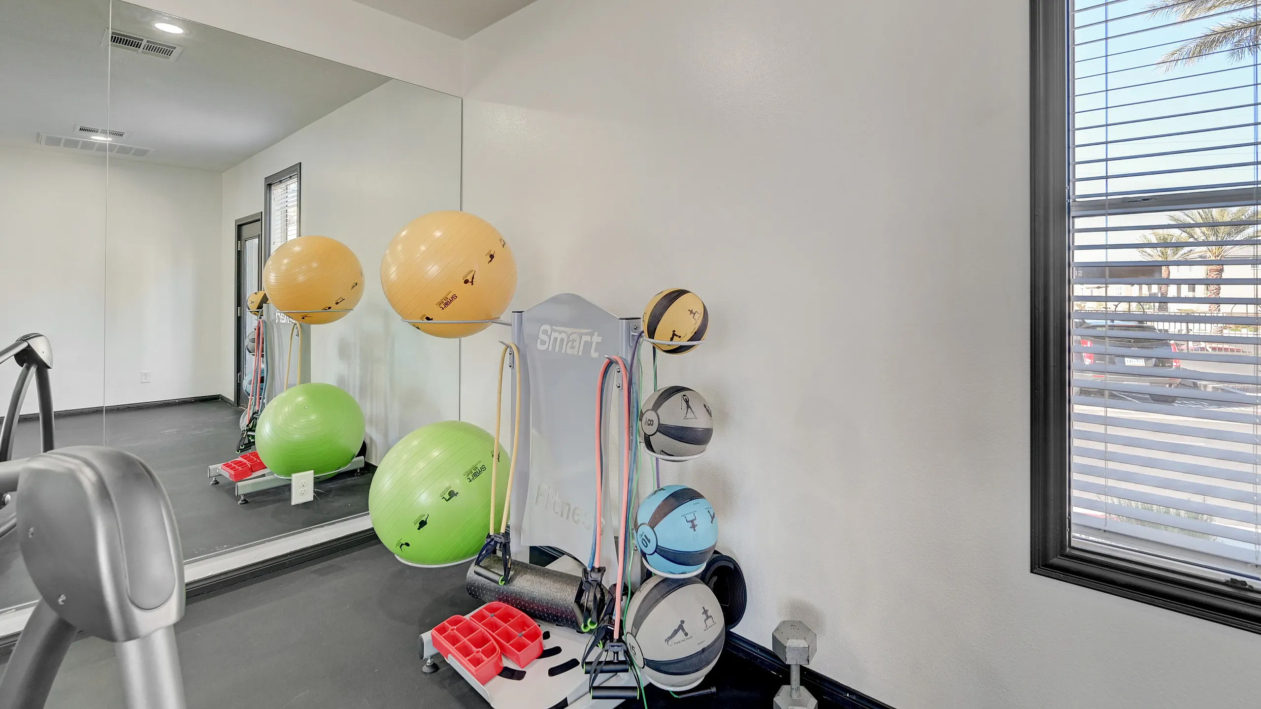 Modern fitness room with vibrant exercise balls, sleek resistance bands, and stylish decor perfect for an energizing workout.