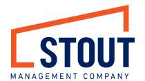 Modern logo of Stout Management Company with bold navy blue text and dynamic orange accents.