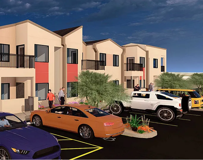 Modern apartment complex exterior with stylish balconies, surrounded by lush landscaping and ample parking, showcasing vibrant community living.