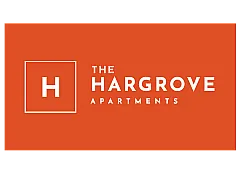 Vibrant logo of The Hargrove Apartments with a bold orange background and modern white text.