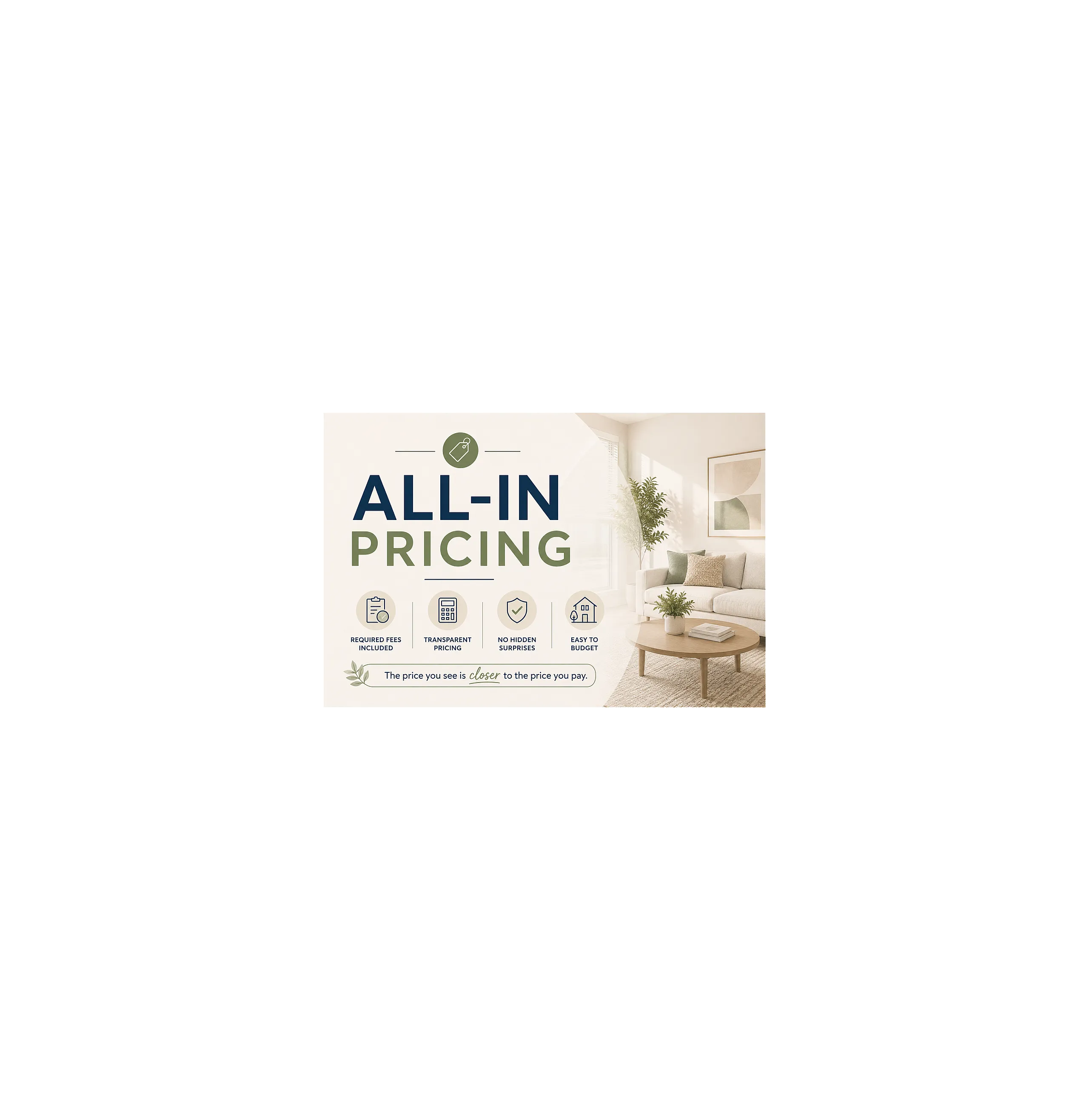 Inviting living space promoting all-in pricing with modern sofa, stylish decor, and emphasis on transparency and no hidden fees.