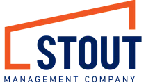 Logo featuring bold, modern design with an orange accent above the word 'STOUT' in dark blue, accompanied by 'Management Company' below.
