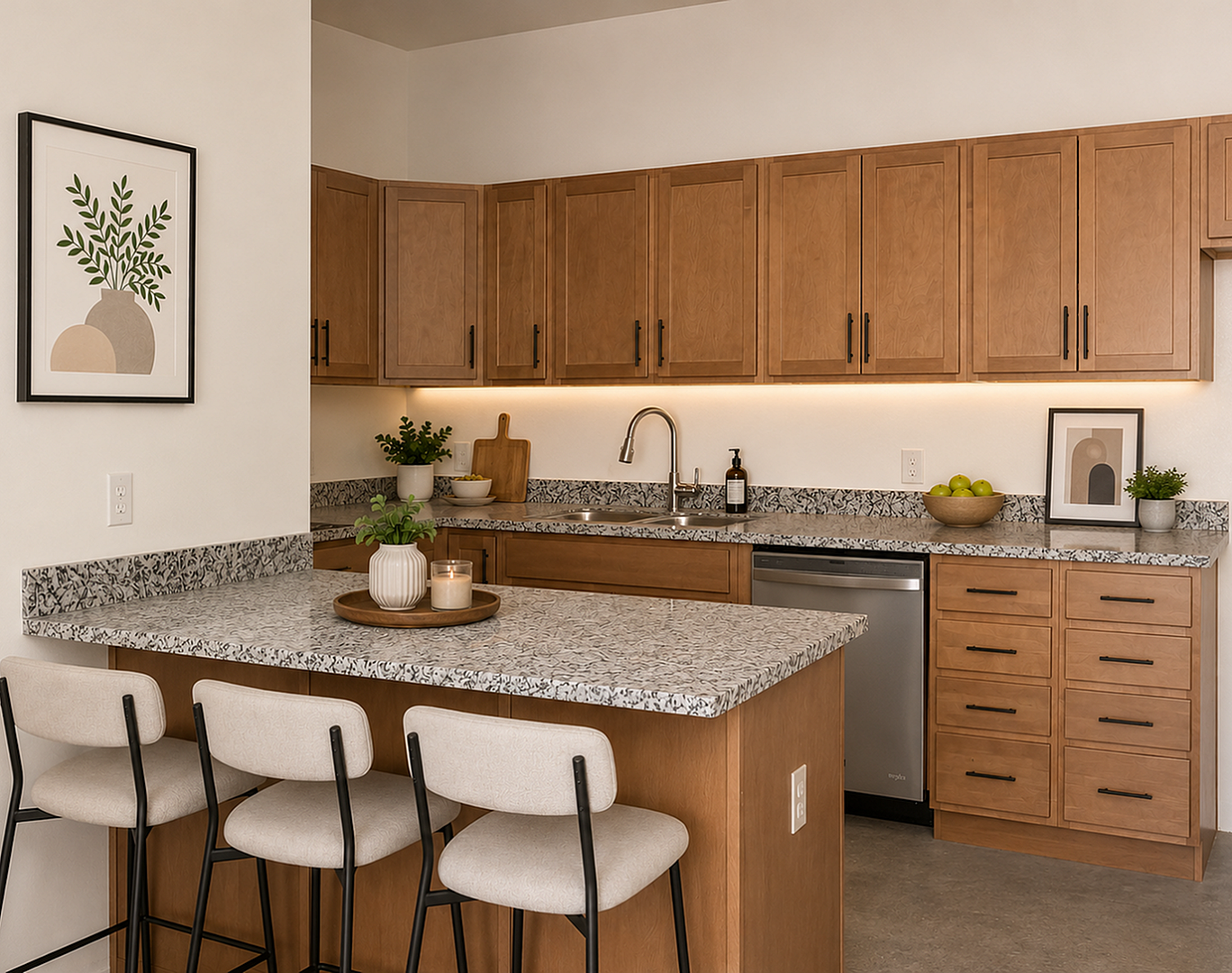 Elegant modern kitchen with sleek wooden cabinetry, granite countertops, stylish bar stools, and tasteful decor.