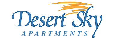 Elegant logo of Desert Sky Apartments featuring sleek blue lettering with a dynamic orange swoosh, embodying modern and luxurious living.