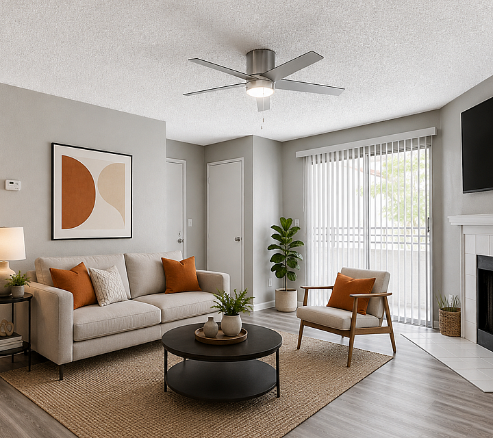 Modern living room with a cozy beige sofa, vibrant orange cushions, and chic decor. Features a sleek ceiling fan, large window with vertical blinds, and warm laminate flooring.