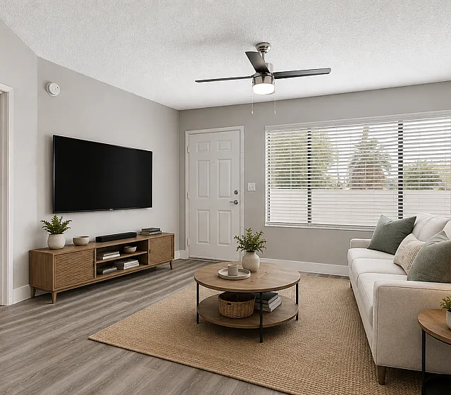 Modern living room with sleek wood floors, stylish white couch, large flat-screen TV, and abundant natural light through wide window blinds.