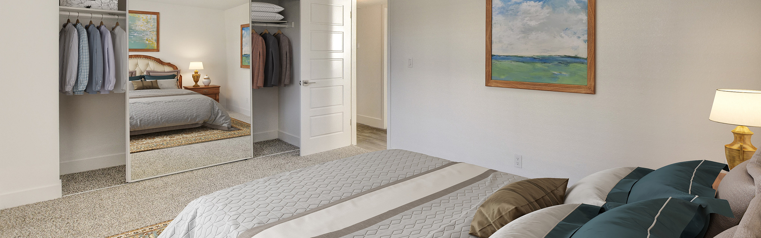 Elegant bedroom showcasing a plush bed with layered pillows, chic wall art, and a spacious mirrored closet reflecting stylish decor.