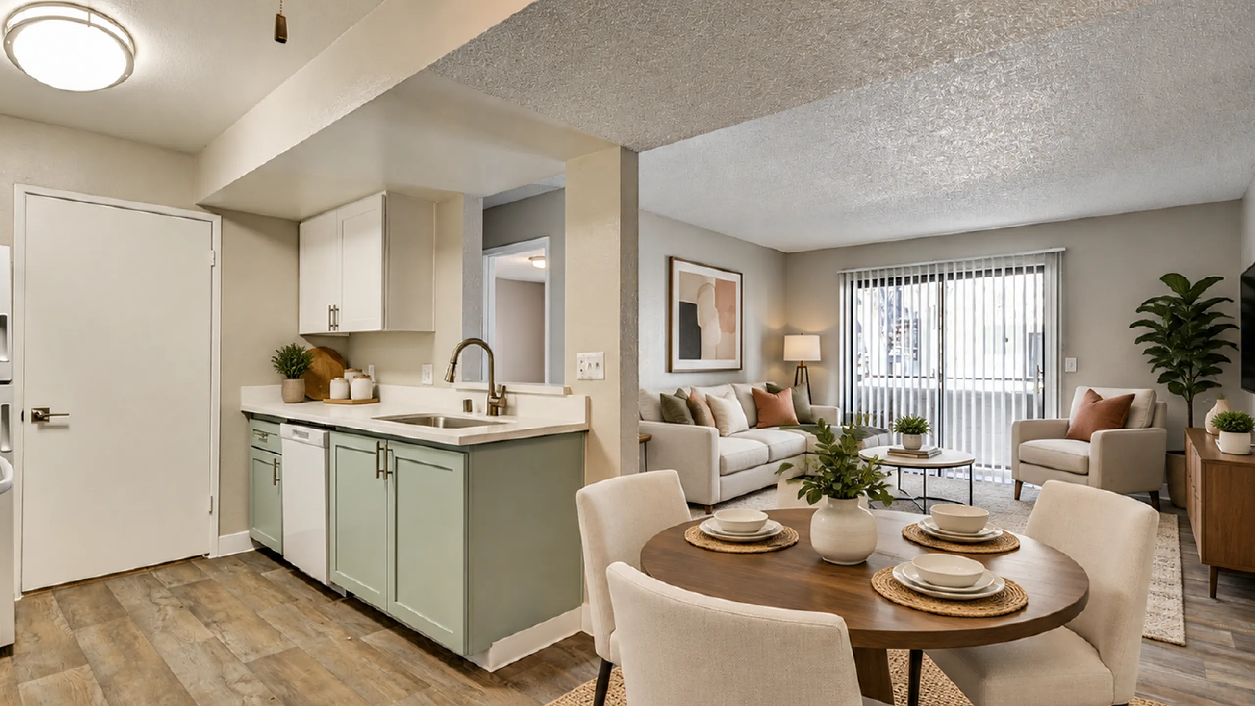 Inviting open-concept living space with a modern kitchen, elegant dining area, and cozy living room. Natural light streams through large sliding doors, accentuating the stylish decor and warm wood flooring.