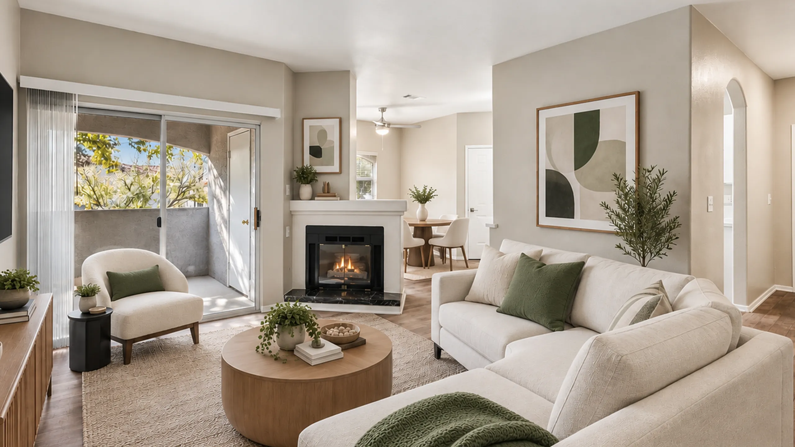 Inviting living room with elegant decor, featuring a cozy fireplace, plush seating, and large windows overlooking a serene balcony.