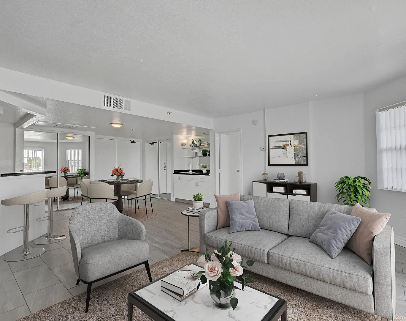 Bright and inviting living space with modern decor, open-concept layout, and stylish dining area.