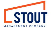 Modern Stout Management Company logo with dynamic orange and blue design elements.