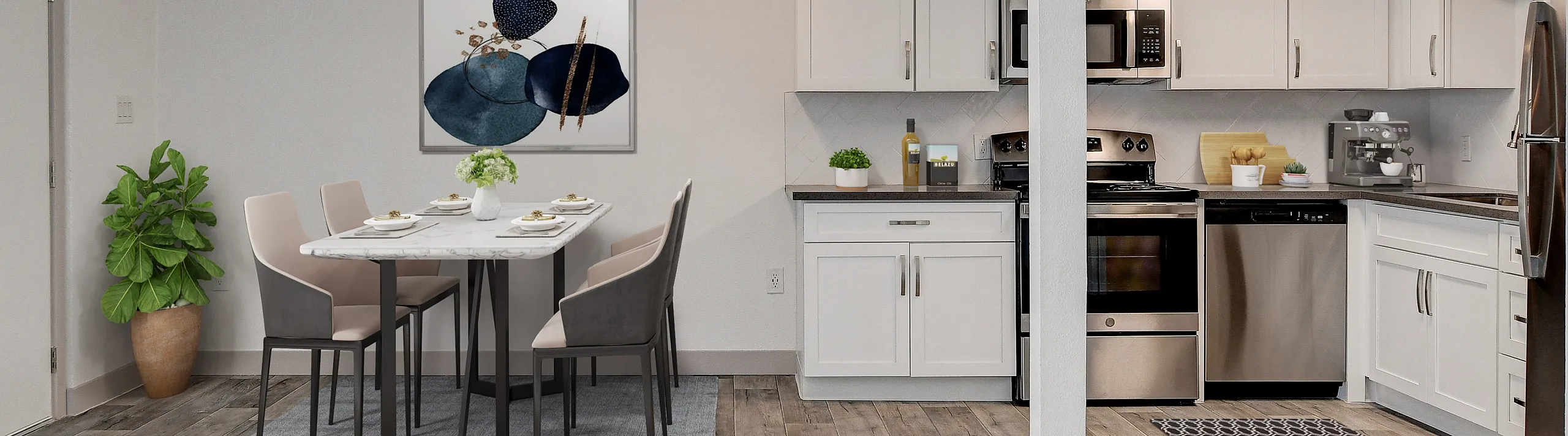 Contemporary open-plan kitchen and dining area featuring elegant white cabinetry, a modern dining table, and stylish appliances.