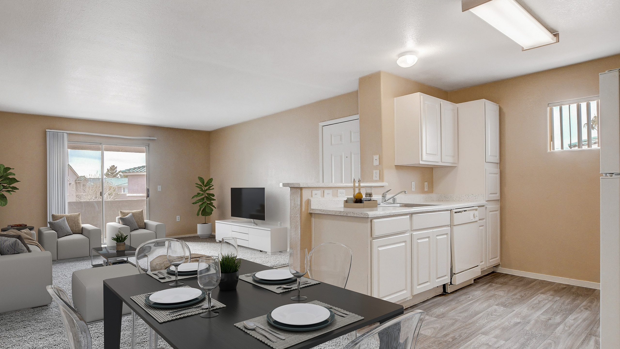 Modern open-concept apartment interior featuring a cozy living area, elegant dining table set, and bright kitchen with white cabinetry.