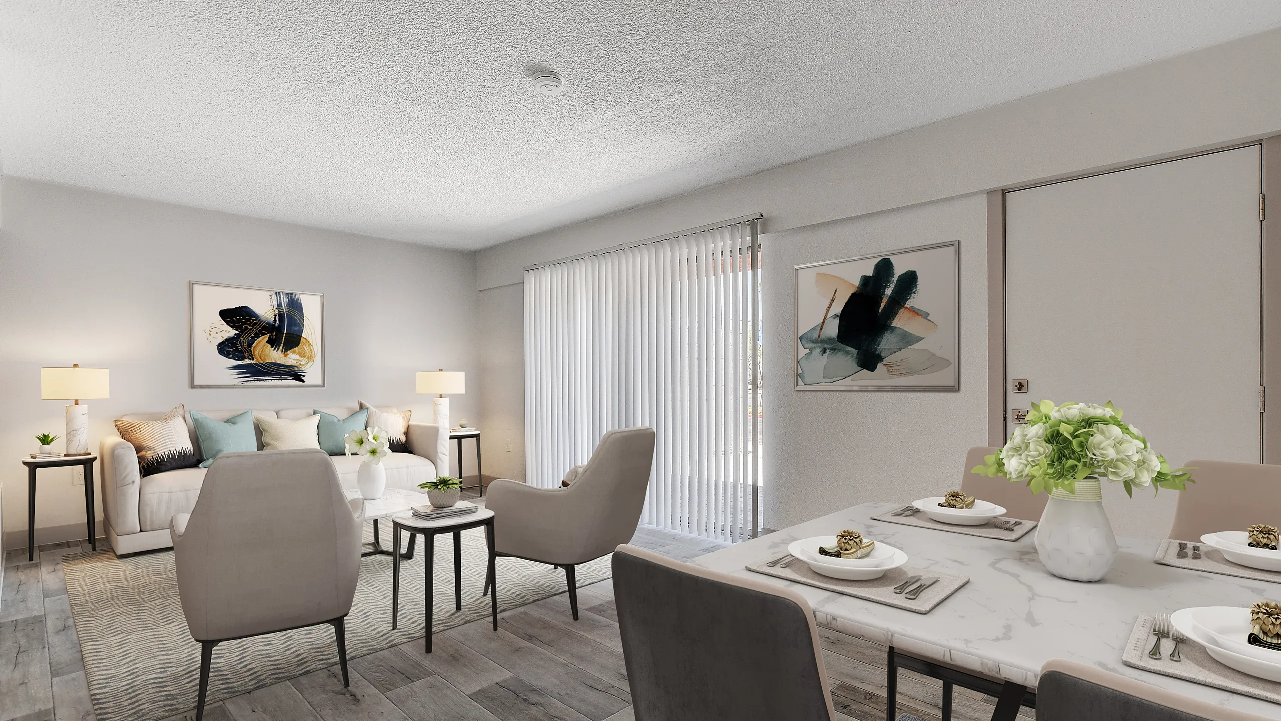 Inviting open-concept living and dining area with elegant furnishings and modern decor, featuring natural light streaming through large windows.