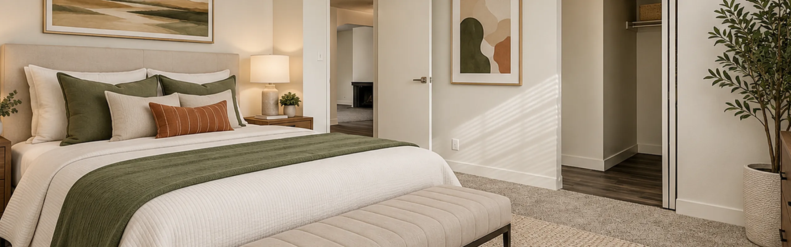 Elegant bedroom with modern design, featuring a plush king-size bed, stylish decor, and a cozy atmosphere.