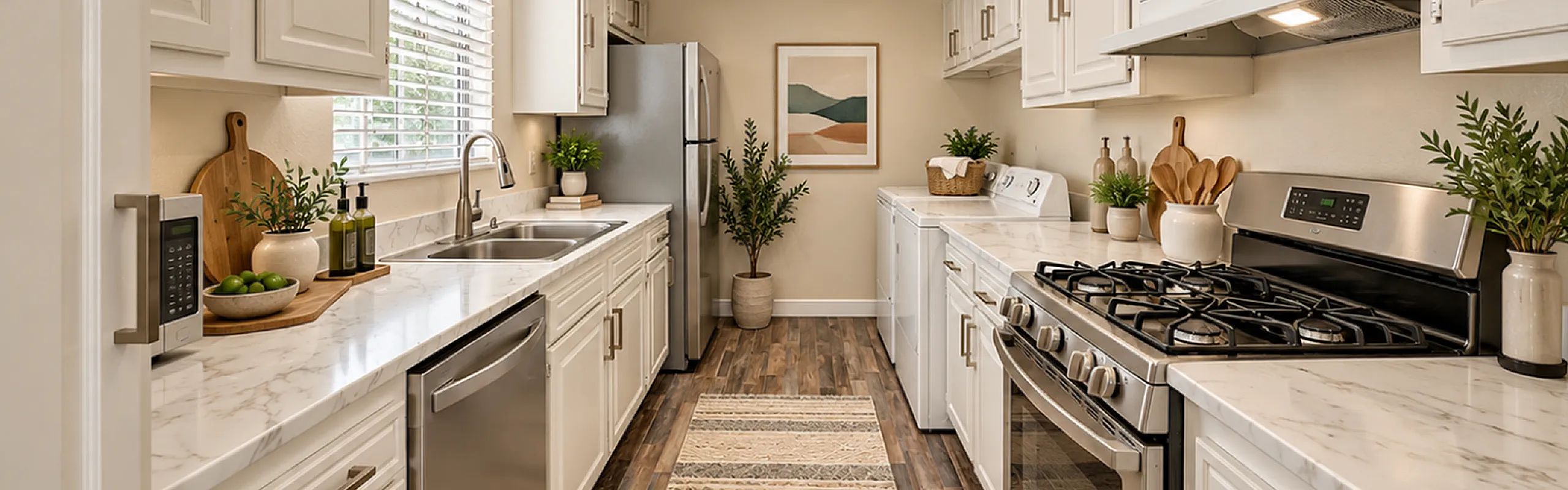 Chic kitchen with modern stainless steel appliances, marble countertops, and elegant cabinetry, perfect for culinary creativity.