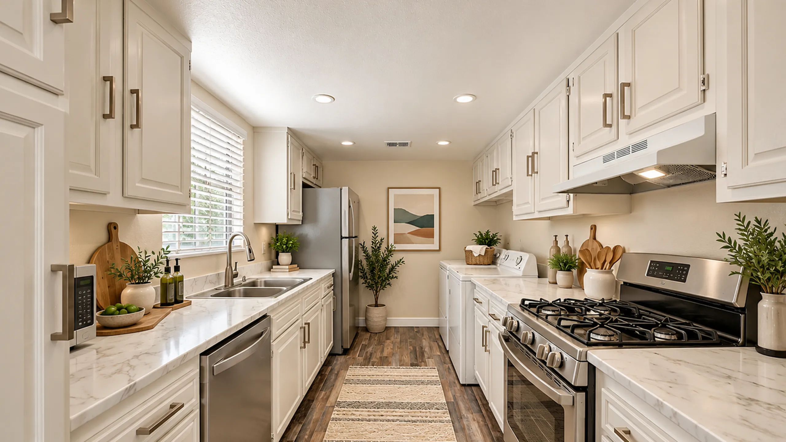 Elegant kitchen with modern white cabinetry, marble countertops, and stainless steel appliances, complemented by warm wood flooring and stylish decor.