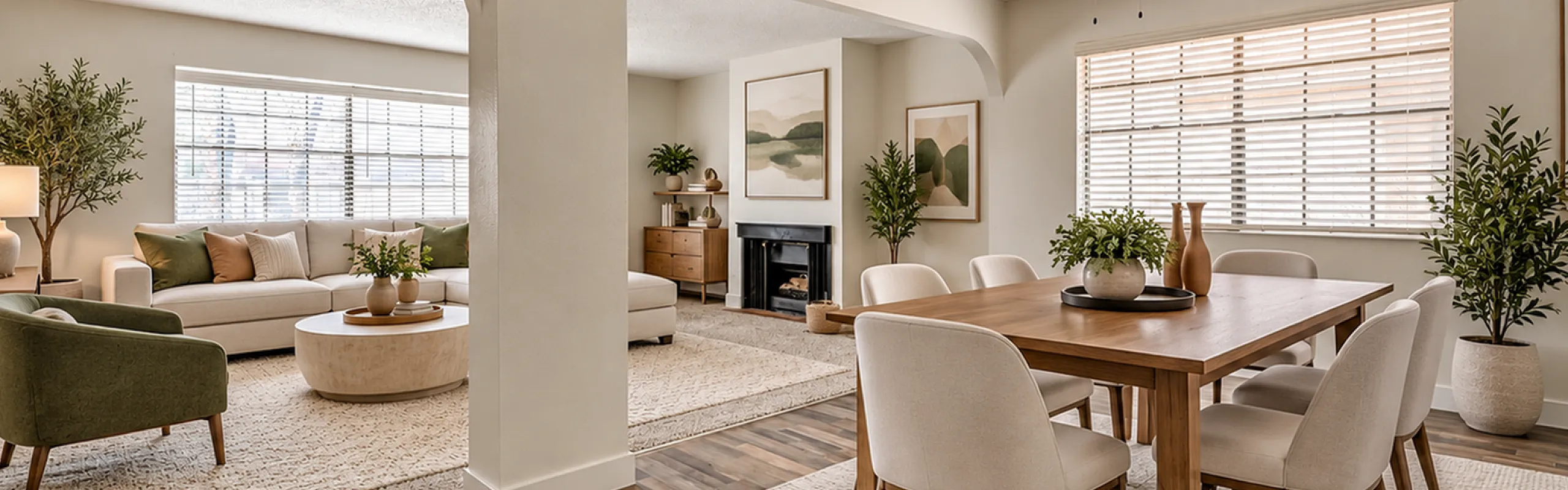 Charming open-concept living and dining area featuring elegant decor, cozy seating, and abundant natural light.