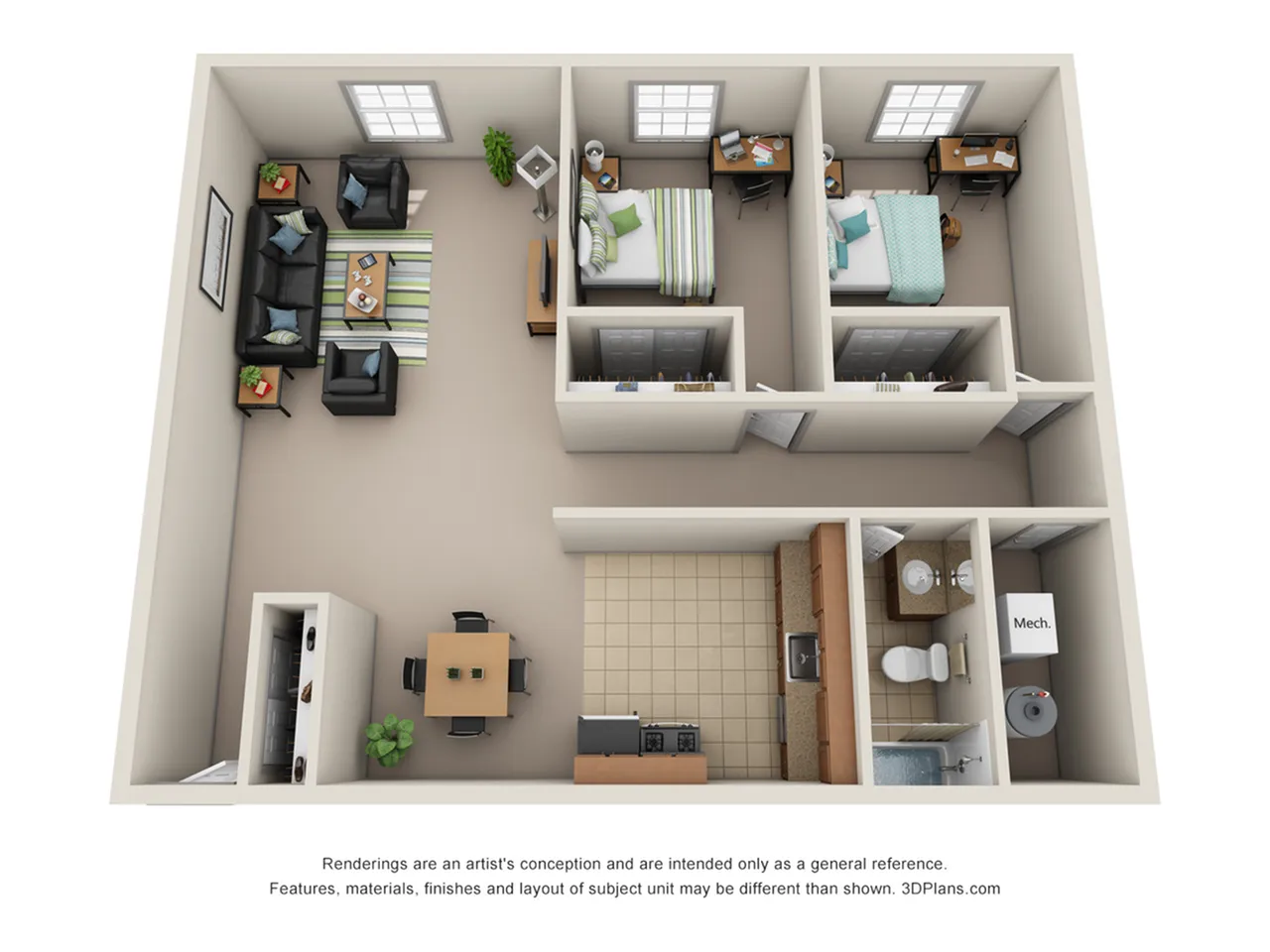 Modern 3D floor plan featuring two cozy bedrooms, an inviting living room, a well-equipped kitchen, and a sleek bathroom layout.