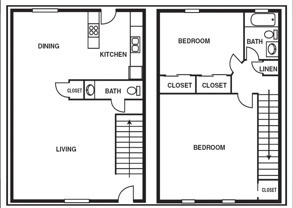 Charming duplex floor plan showcasing two bedrooms, spacious living and dining areas, a modern kitchen, and ample closet space.