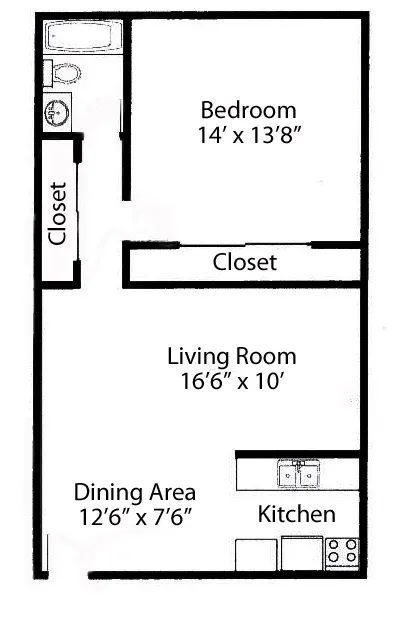 Modern floor plan showcasing a spacious 1-bedroom with two closets, large living room, and an open dining and kitchen area.
