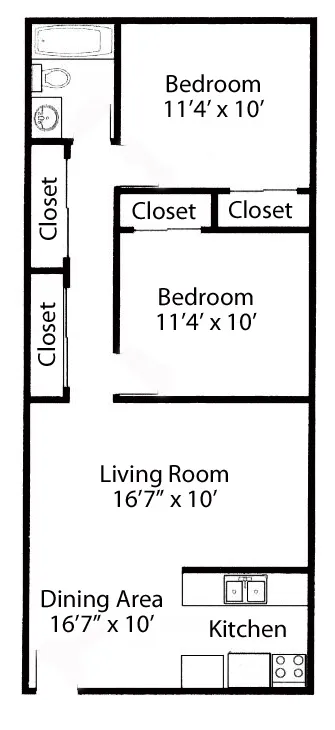 Efficient 2D floor plan featuring two bedrooms, a spacious living room, and a functional kitchen with adjacent dining area.