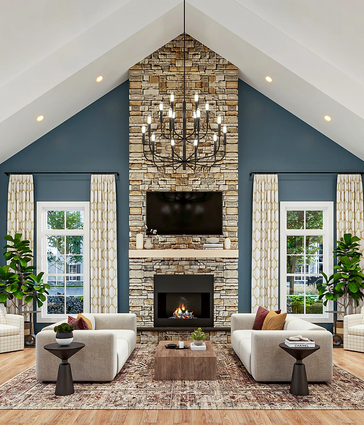 Elegant living room with vaulted ceiling, stone fireplace, and modern chandelier, featuring comfortable seating and large windows for abundant natural light.