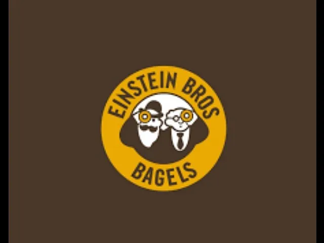 Charming and iconic logo featuring cartoon characters holding bagels with bright yellow accents against a warm brown background.