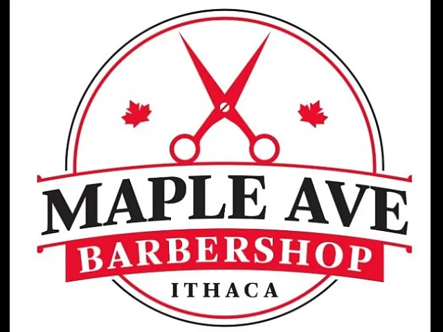 Modern barbershop logo featuring red scissors with maple leaf accents, labeled 'Maple Ave Barbershop Ithaca.'