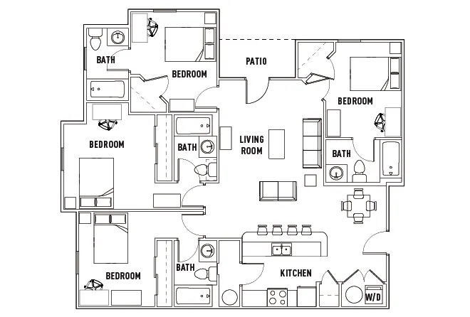 Modern floor plan showcasing a spacious layout with three bedrooms, open kitchen, inviting living room, and a cozy patio.