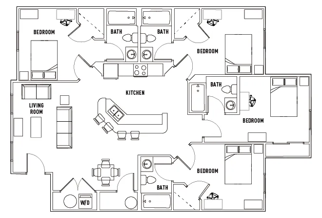 Elegant floor plan featuring 3 bedrooms, expansive kitchen with island, and two luxurious baths, designed for modern living.