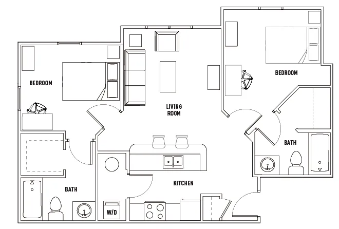 Modern 2D floor plan showcasing 2 spacious bedrooms, a stylish open-concept kitchen and living area, along with 2 elegant bathrooms, featuring convenient in-unit washer and dryer.