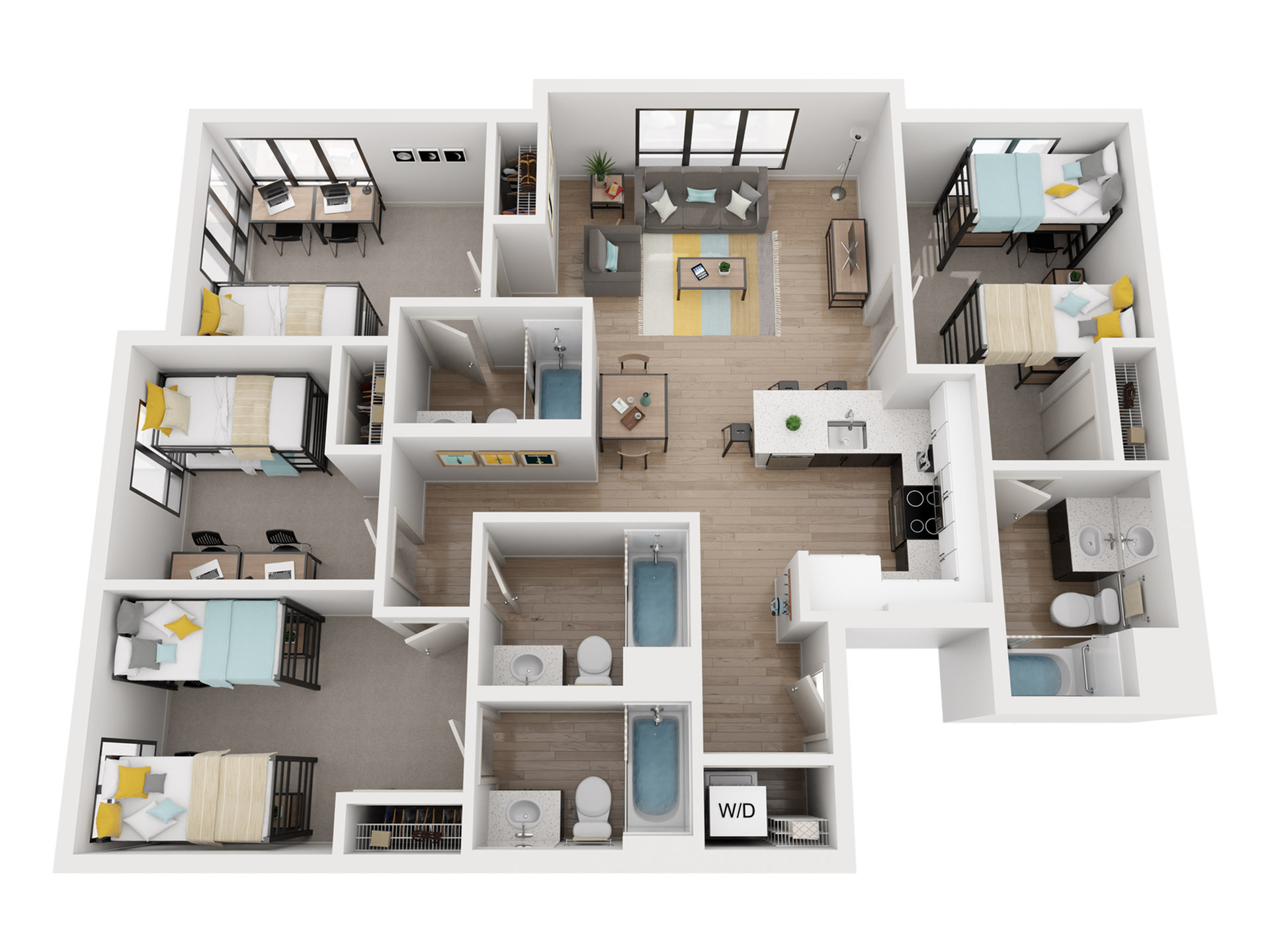 Modern 3D floor plan with three bedrooms, stylish open living area, sleek kitchen, and two bathrooms, showcasing contemporary apartment living.