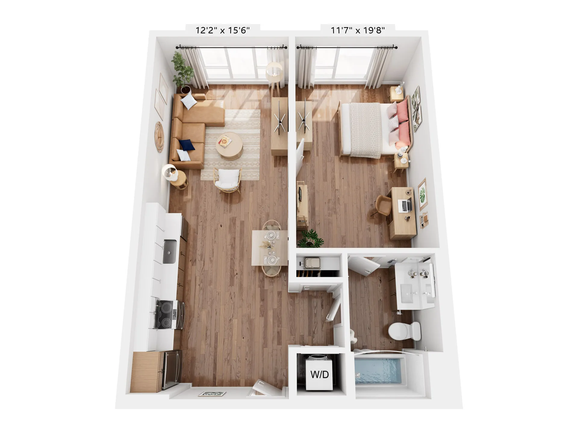 Modern apartment floor plan showcasing an open-concept living area, sleek kitchen, cozy bedroom with workspace, and a compact bathroom with in-unit laundry.